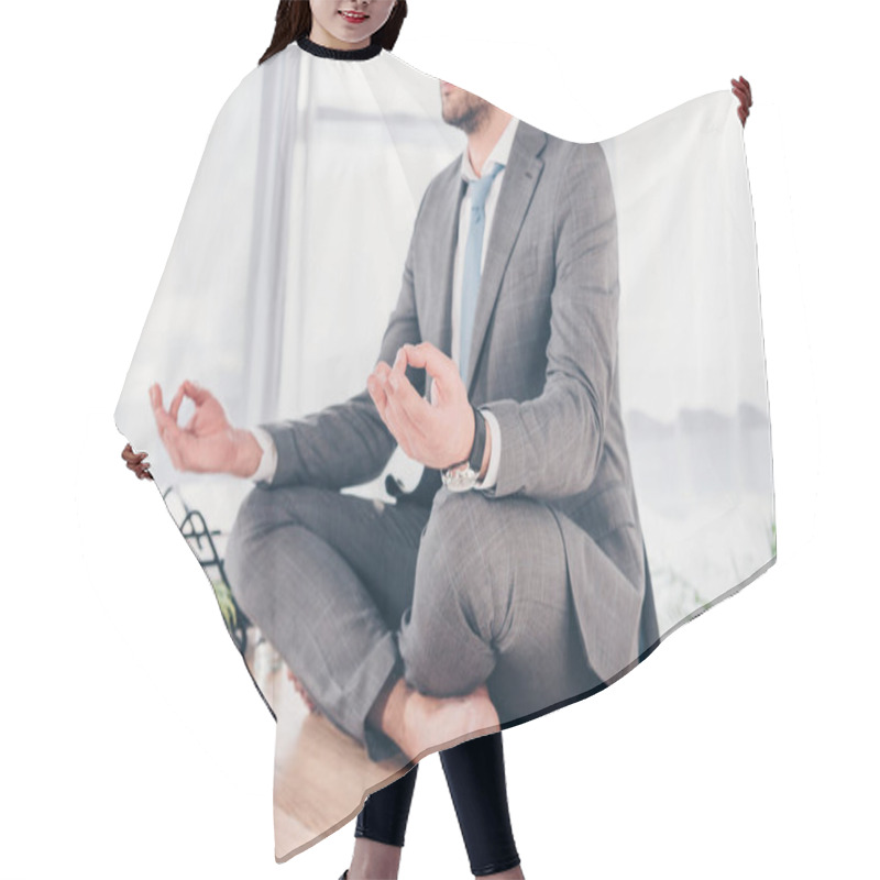 Personality  Cropped View Of Businessman Meditating In Lotus Pose On Office Desk Hair Cutting Cape