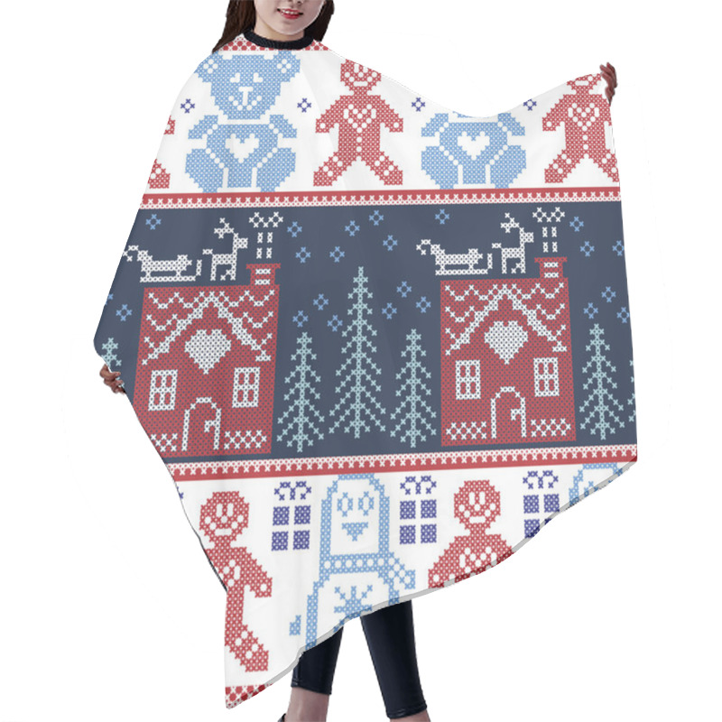 Personality  Scandinavian Nordic Christmas Seamless Pattern With Ginger Bread House, Reindeer, Snow, Snowflakes, Tree, Xmas Ornament,  Penguins, Gingerbread Man, Teddy Bears In Red Blue Green Hair Cutting Cape