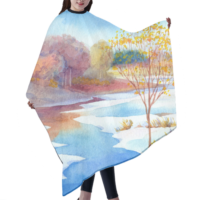 Personality  Stream In Forest Valley Winter Day. Watercolour Landscape Hair Cutting Cape