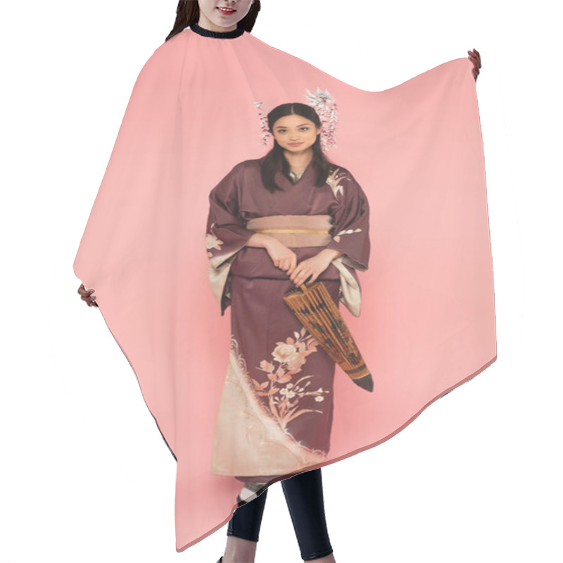 Personality  Japanese Woman With Traditional Hairdo And Kimono Holding Umbrella On Pink Background Hair Cutting Cape