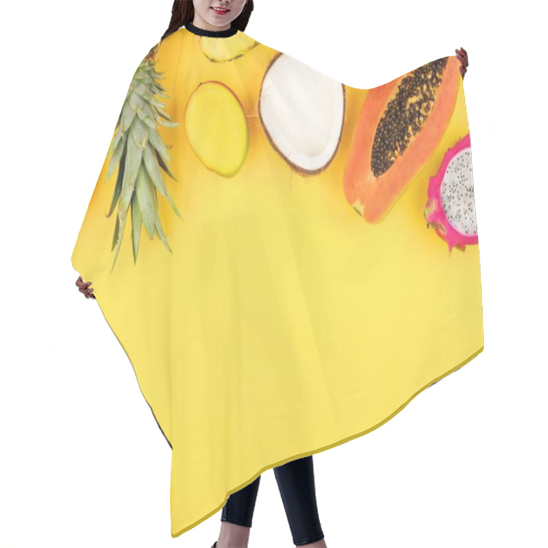 Personality  Tropical Fruit Top Border With Pineapple, Dragon Fruit, Papaya, Coconut And Mango On A Bright Yellow Background Hair Cutting Cape