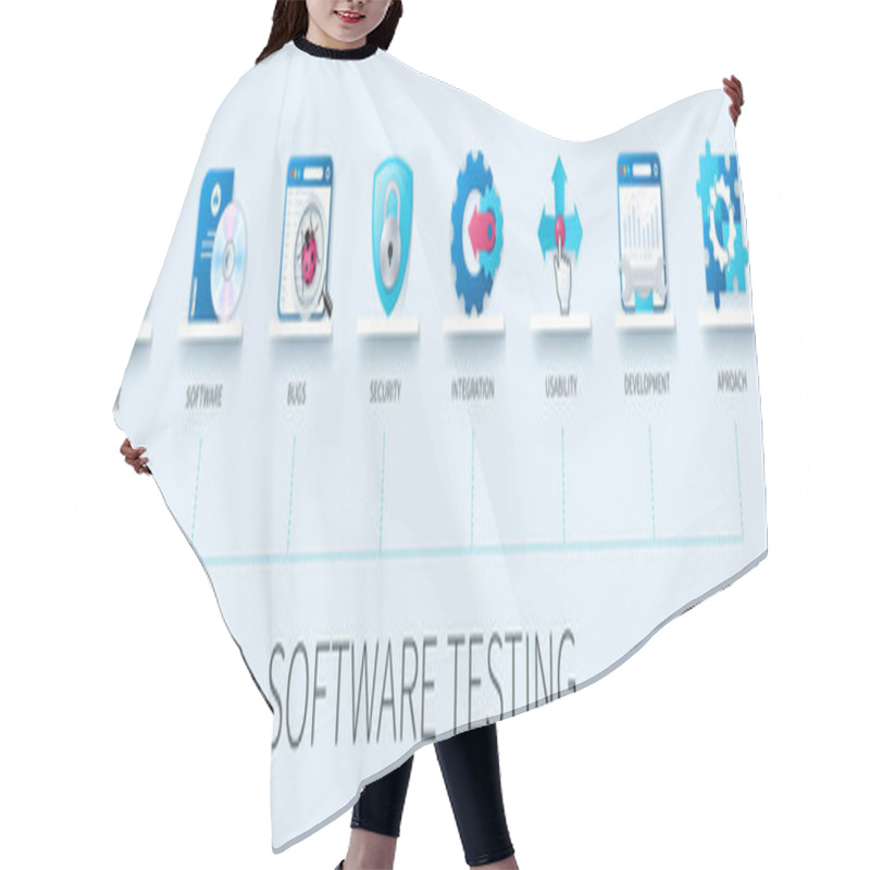 Personality  Software Testing Banner With Icons. Code, Software, Bugs, Security, Integration, Usability, Development, Approach Icons. Business Concept. Web Vector Infographic In 3D Style Hair Cutting Cape