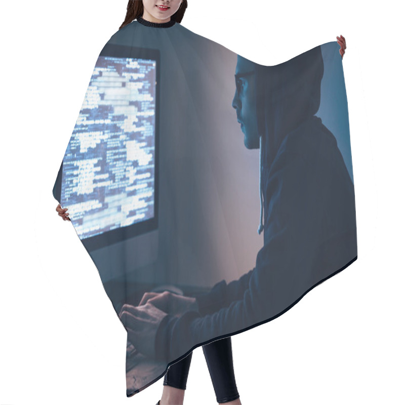 Personality  Man At Computer In Dark Room Hair Cutting Cape