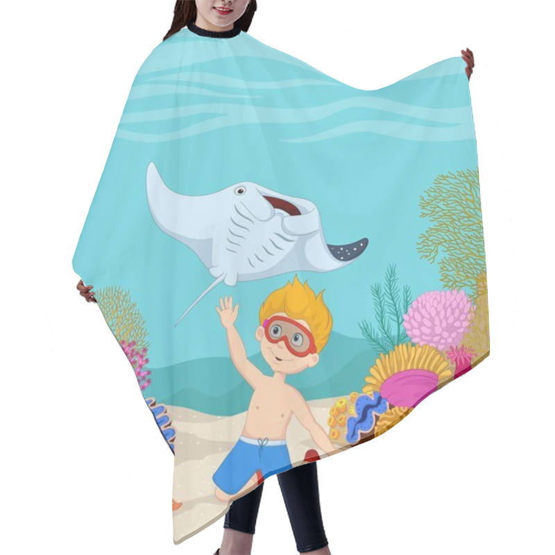 Personality  Cartoon Little Boy Diving In Underwater Tropical Sea Hair Cutting Cape