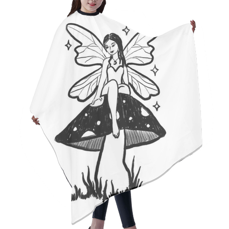 Personality  Cute Fairy Sitting On Mushroom, White Glitter Wings, Folklore Character Elf, Fairytale Amanita Poisonous Magic Fungi. Black White Monocrome Ink Sketch Illustration, Minimalist Drawing With Simple Hair Cutting Cape