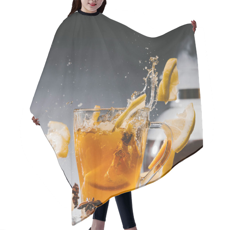 Personality  Glass Cup Of Hot Steaming Tea With Splashing Citruses Hair Cutting Cape