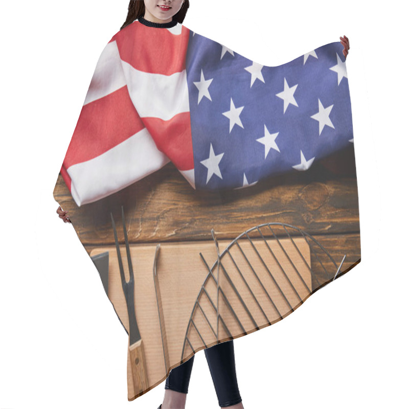 Personality  Top View Of Crumpled American Flag And Bbq Equipment On Wooden Rustic Table Hair Cutting Cape