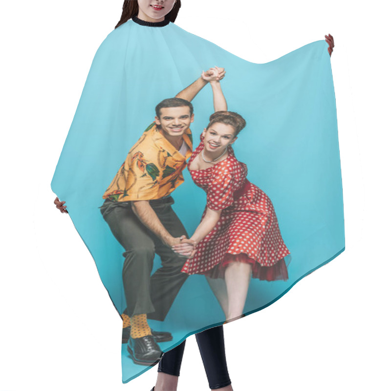 Personality  Elegant Dancers Holding Hands While Dancing Boogie-woogie On Blue Background Hair Cutting Cape