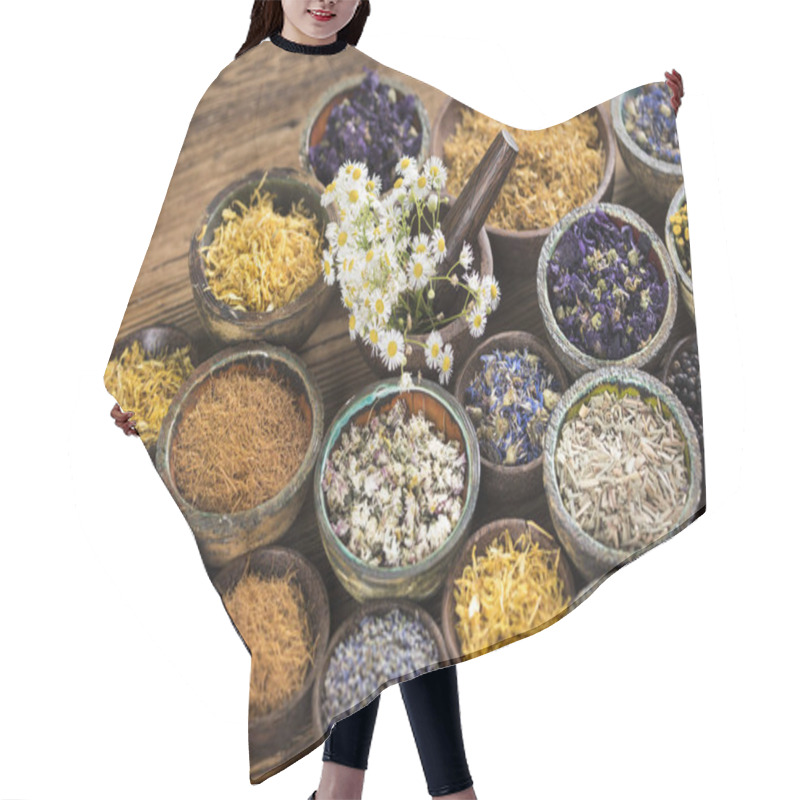 Personality  Natural Remedy,Herbal Medicine And Wooden Table Background Hair Cutting Cape