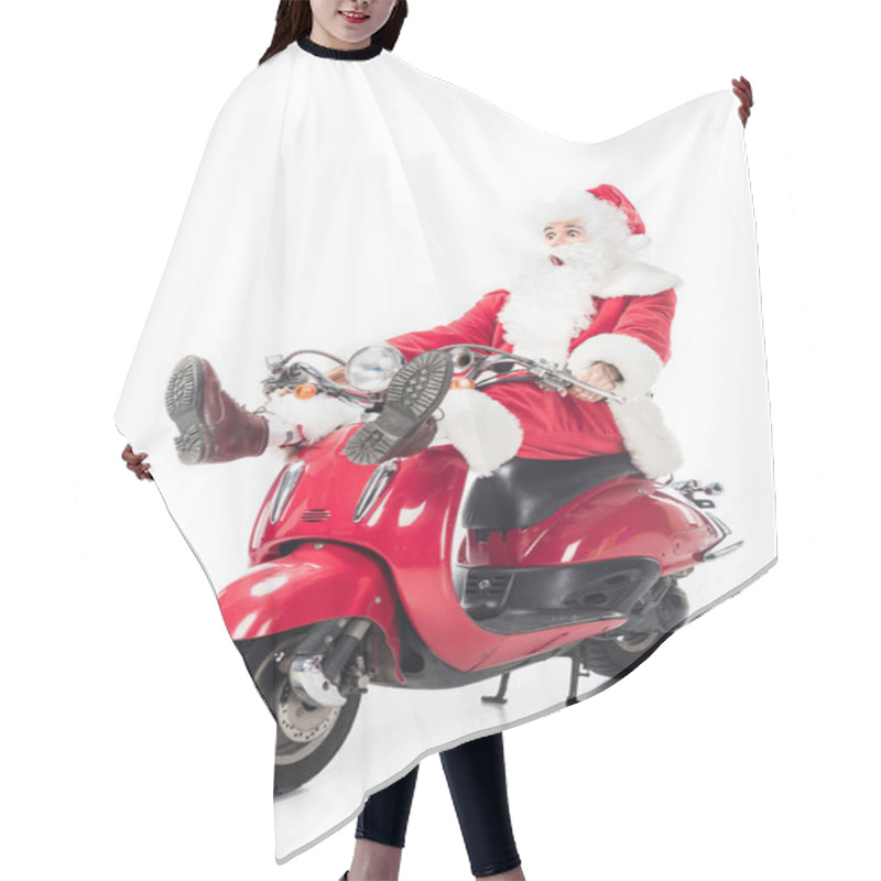 Personality  Shocked Santa Claus In Costume Riding On Scooter Isolated On White Background  Hair Cutting Cape