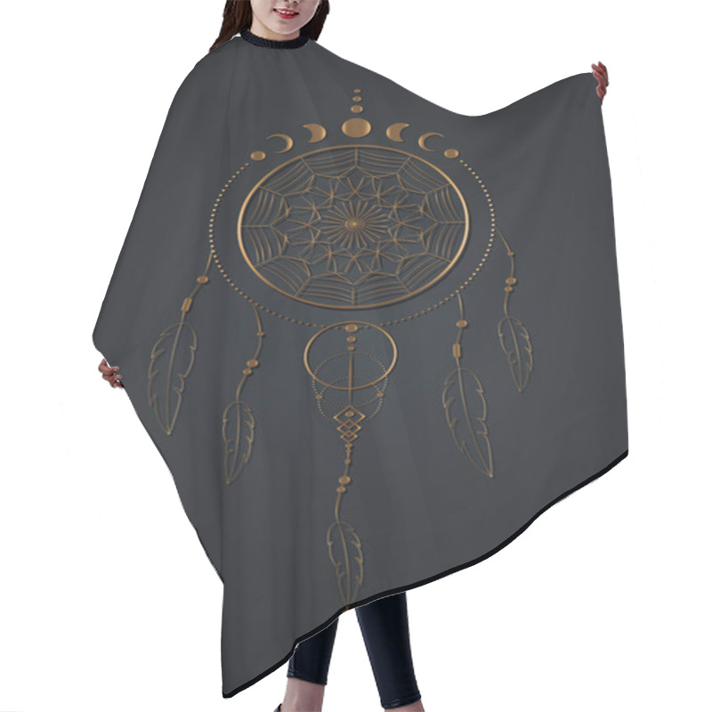 Personality  Detailed Dreamcatcher With Mandala Ornament And Moon Phases. Gold Mystic Symbol, Ethnic Art With Native American Indian Boho Design, Vector Isolated On Black Background Hair Cutting Cape