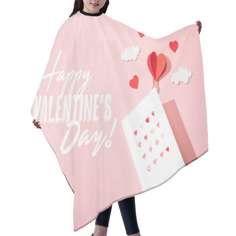 Personality  Top View Of Greeting Card With Hearts Near Paper Heart Shaped Air Balloon In Clouds And  Happy Valentines Day Lettering On Pink Hair Cutting Cape