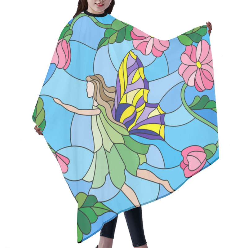 Personality  Illustration In Stained Glass Style With A Winged Fairy In The Sky, Flowers And Greenery Hair Cutting Cape