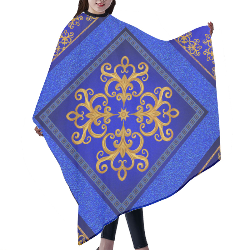 Personality  Pattern, Seamless. Golden Crystals, Weaving, Arabesques. Gold Arabesque, Oriental Style, Abstract Figure, Tiles, Mosaics. Sparkling Decorative Square Frame. Dark Blue Background Mural. Hair Cutting Cape