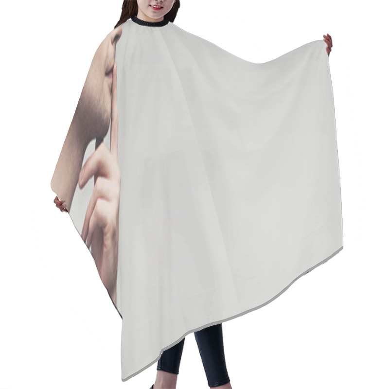 Personality  Cropped View Of Dumb Man Showing Quiet Sign Isolated On Grey Background, Panoramic Shot, Human Emotion And Expression Concept Hair Cutting Cape