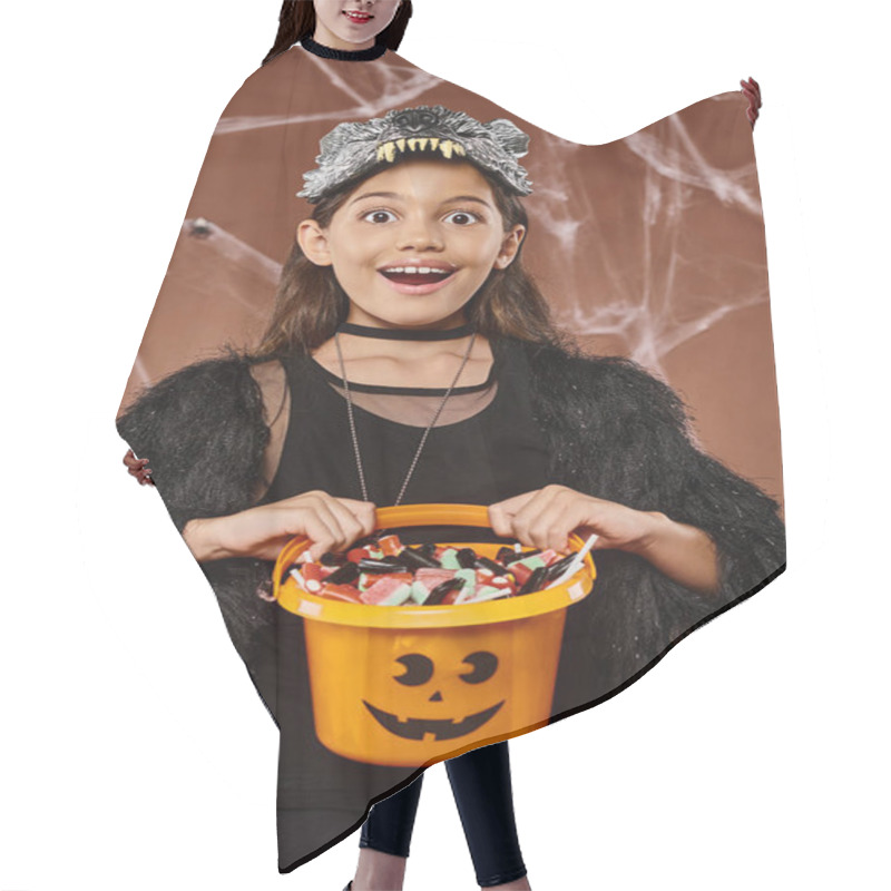 Personality  Portrait Of Happy Girl In Wolf Mask Showing Her Bucket Of Sweets, Halloween Concept Hair Cutting Cape