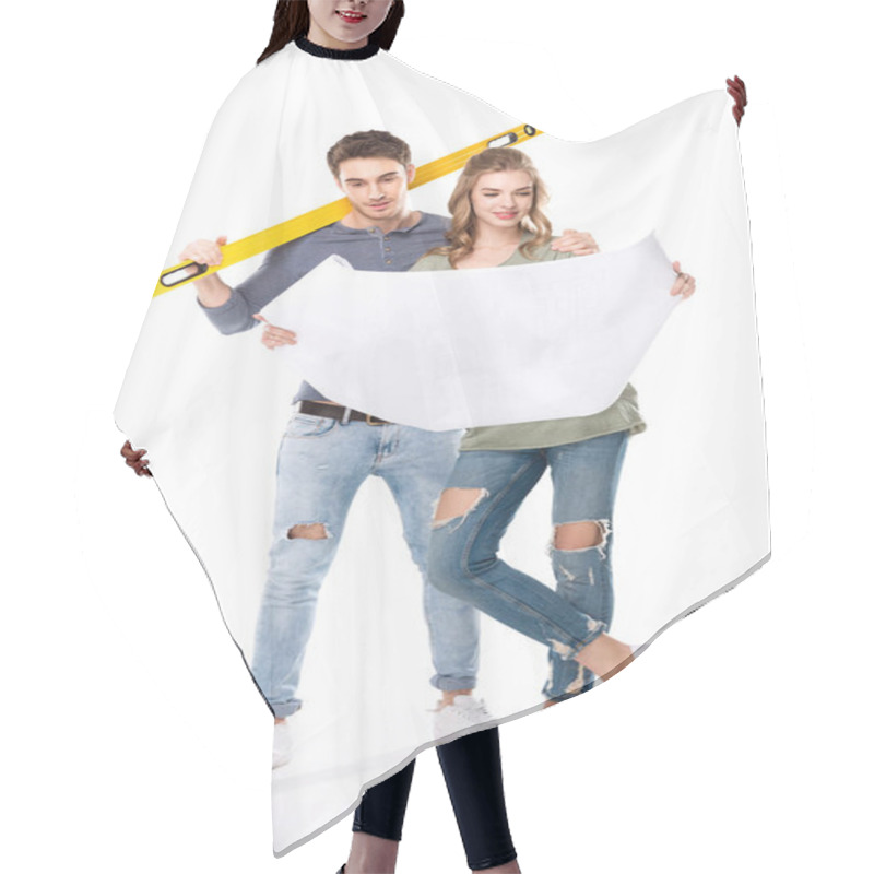 Personality  Young Couple With Blueprint  Hair Cutting Cape