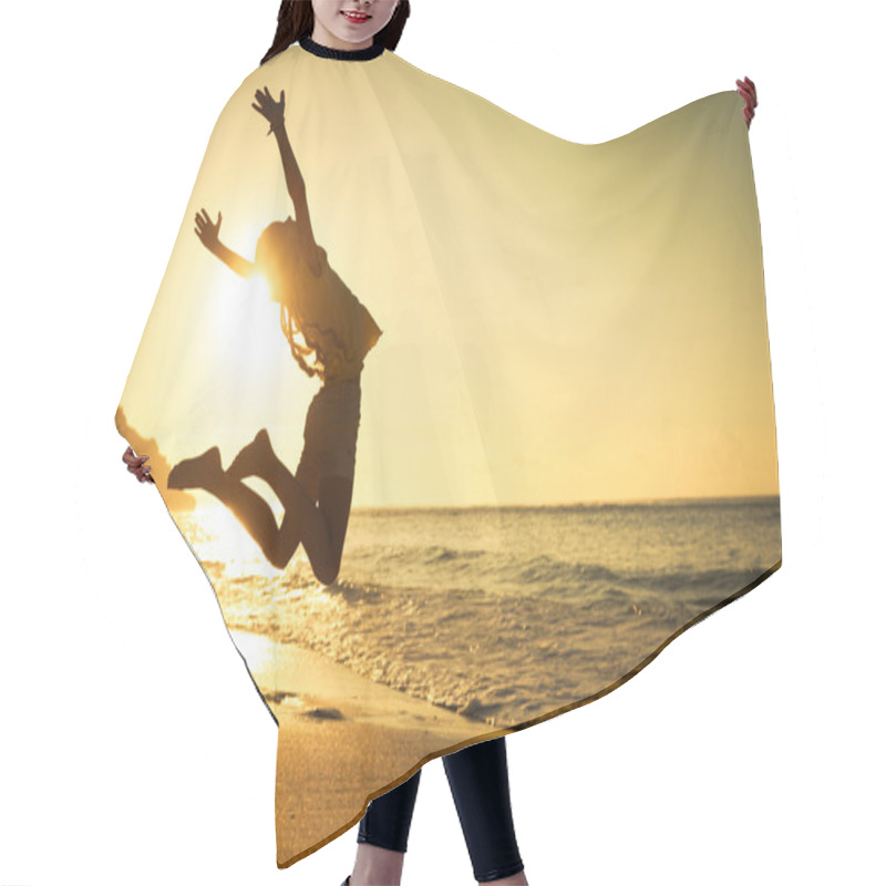 Personality  Teen Girl Jumping On The Beach At The Day Time Hair Cutting Cape