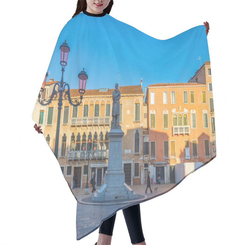 Personality  VENICE, ITALY - MARCH 3, 2023: Campo Santo Stefano City Square Near The Ponte Dell'Accademia Bridge At Sunny Hair Cutting Cape