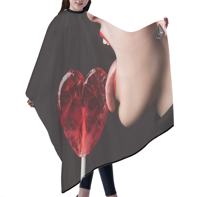 Personality  Cropped Image Of Woman Licking Heart Shaped Lollipop Isolated On Black, Valentines Day Concept Hair Cutting Cape