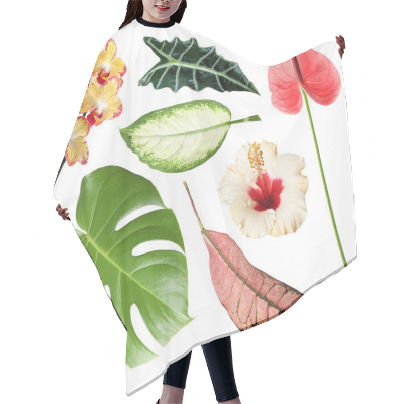 Personality  Set Of Fresh Tropical Leaves And Flowers On White Background Hair Cutting Cape