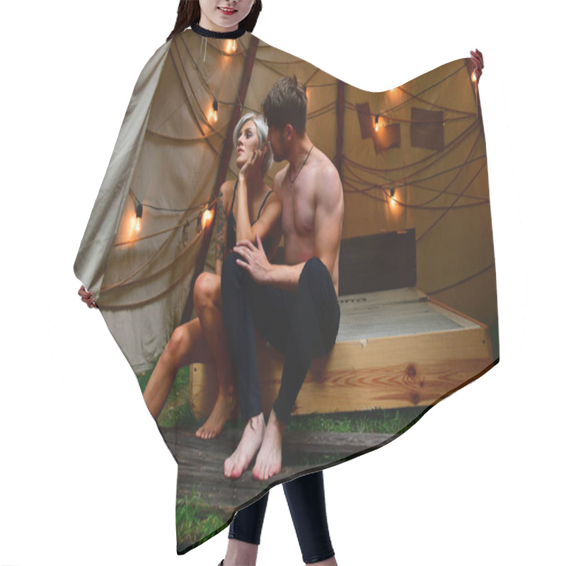 Personality  Girl And Guy Playing On A Bed In A Tent With Garlands In Romance Hair Cutting Cape