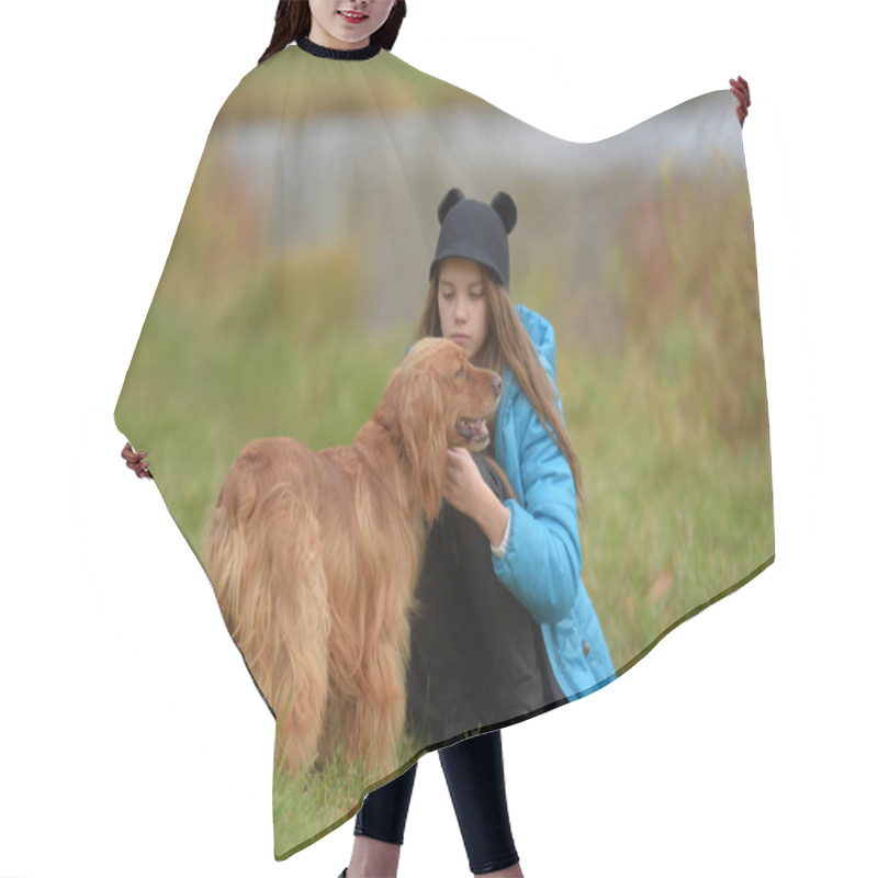 Personality  Happy Girl In The Park With A Spaniel In The Fall By The Lake Hair Cutting Cape