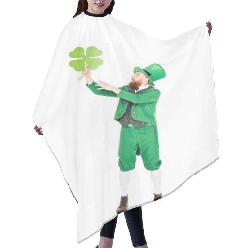 Personality  Leprechaun In Green Suit And Hat Holding Clover, Isolated On White Hair Cutting Cape