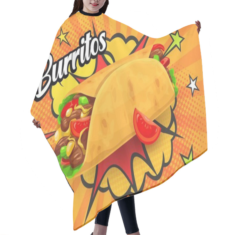 Personality  Tex Mex Mexican Burrito With Retro Comic Halftone Bubbles, Vector Food Poster. Mexican Cuisine Fast Food Or Restaurant Menu With Burrito Wrap And Chili Pepper On Halftone With Cloud Boom Background Hair Cutting Cape