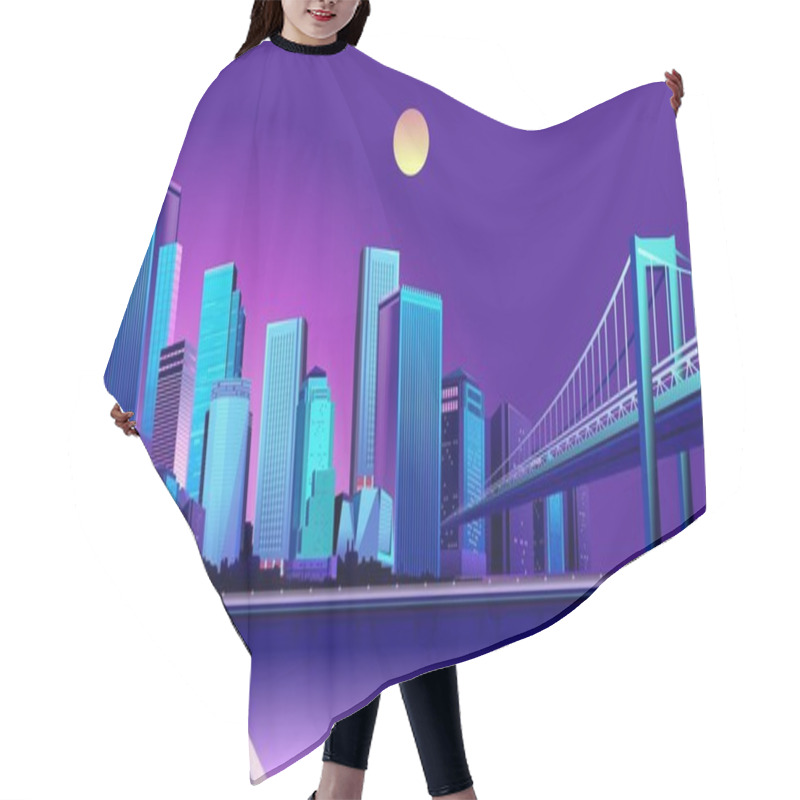 Personality  Vector Horizontal Illustration Of Night Futuristic City Landscape On The Bank Of A Reservoir With Bridges Roads Hair Cutting Cape