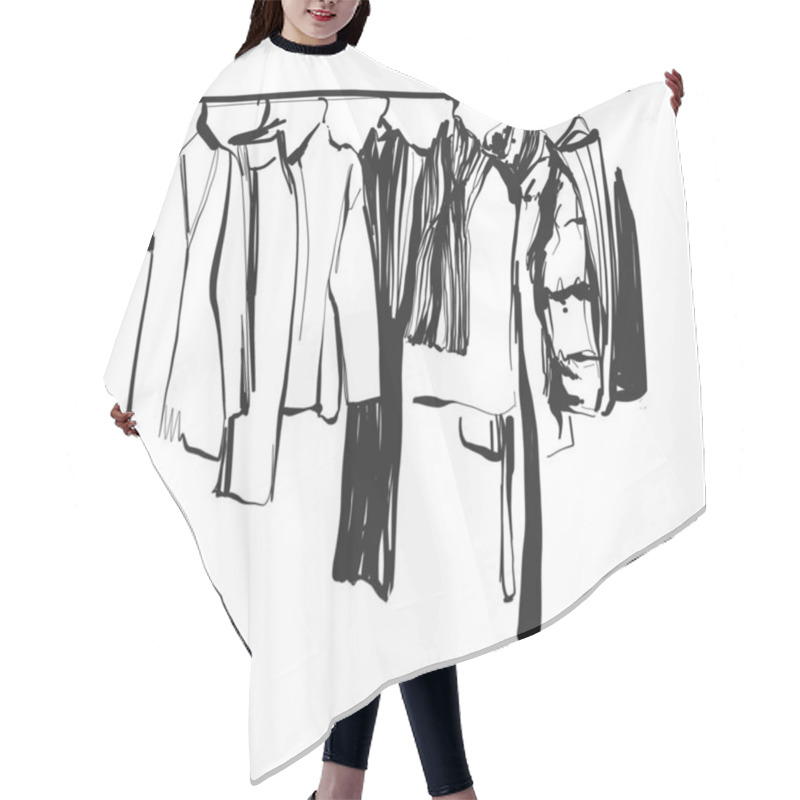 Personality  Wardrobe Sketch. Clothes On The Hangers. Coat And Dress Hair Cutting Cape