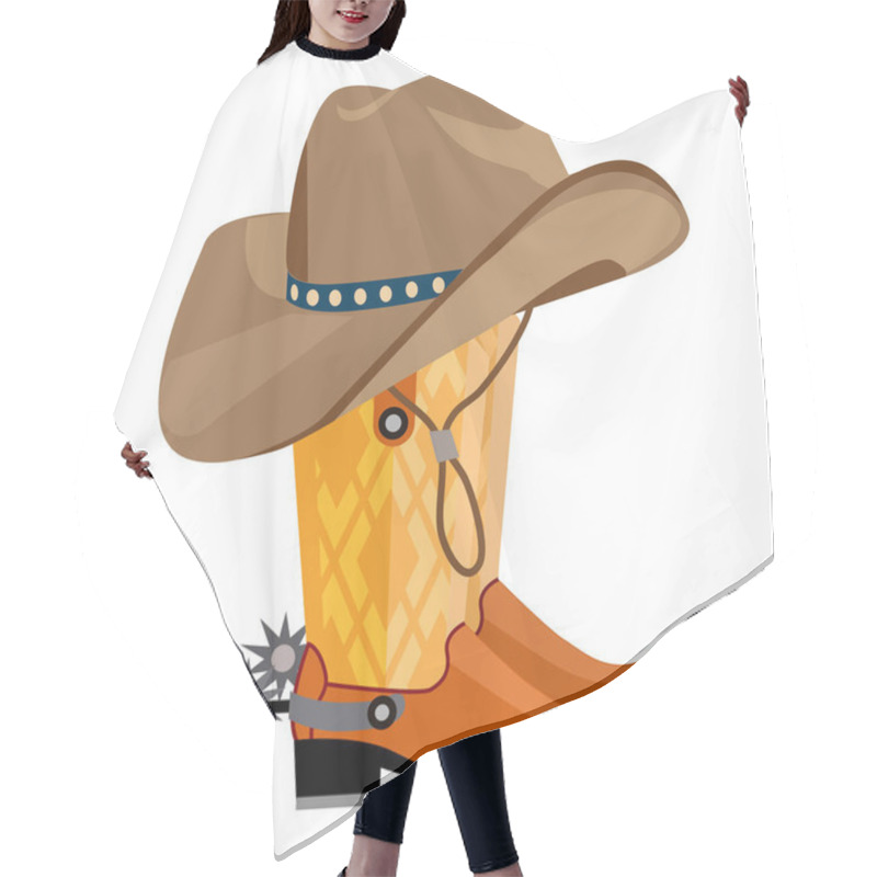 Personality  A Brown Cowboy Hat Rests On Yellow And Orange Cowboy Boots With Spurs, Capturing The Essence Of Western Lifestyle. Ideal For Themes Like Cowboy Culture, Western Style, Rodeo, Adventure, And Farming Hair Cutting Cape