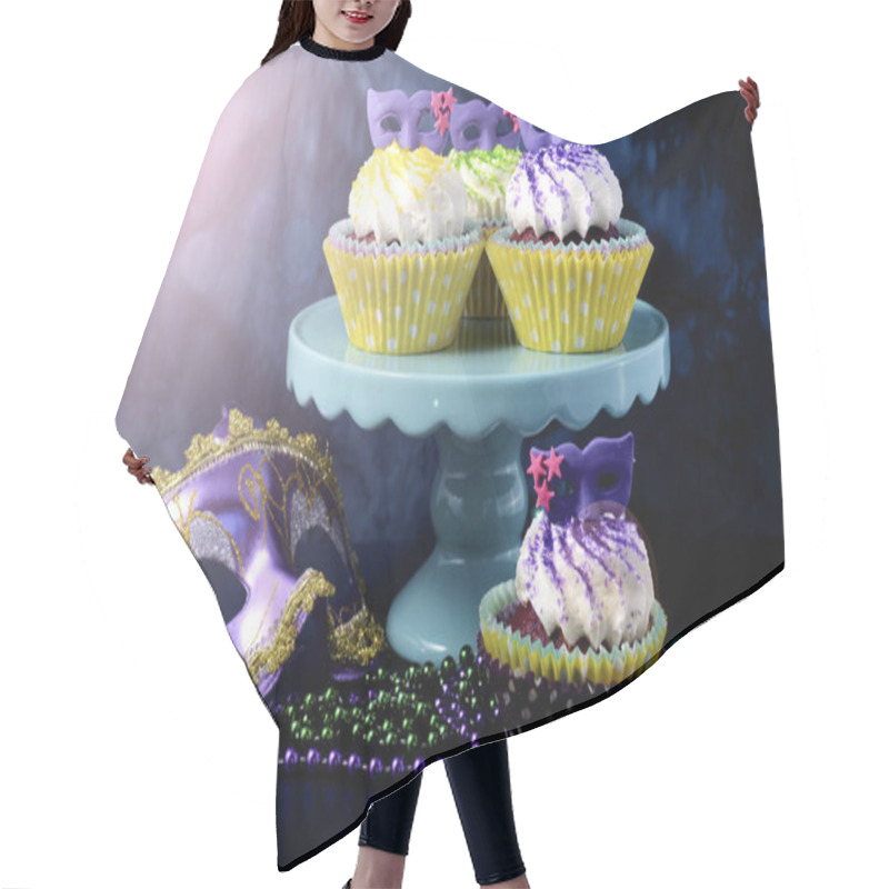 Personality  Mardi Gras Cupcakes With Face Mask Decorations, With Lens Flare. Hair Cutting Cape