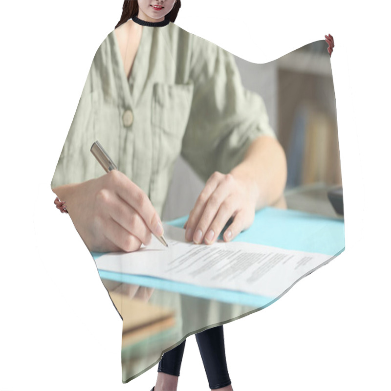 Personality  Close Up Of A Woman Hands Signing Contract On A Glass Table At Home Hair Cutting Cape