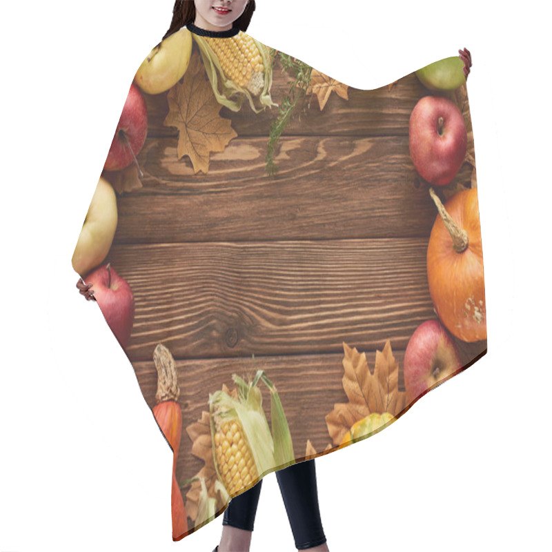 Personality  Top View Of Frame Of Pumpkins, Sweet Corn And Apples On Wooden Surface With Dried Autumn Leaves Hair Cutting Cape