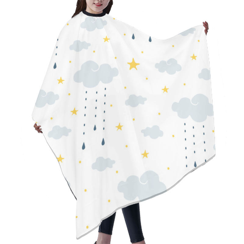 Personality  Seamless Vector Pattern With Clouds, Rain And Stars On White Background. Gentle Night Sky Children Wallpaper Design. Ideal For Fabric, Baby Clothes, Children Room Decoration. Hair Cutting Cape