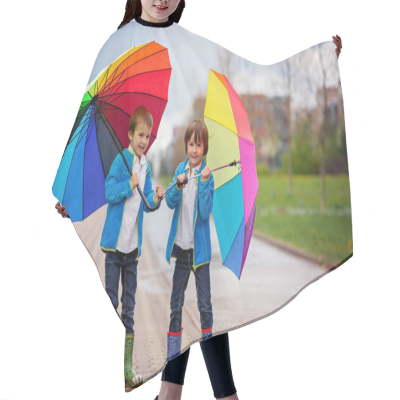 Personality  Two Adorable Little Boys, Walking In A Park On A Rainy Day, Play Hair Cutting Cape