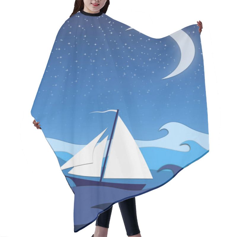 Personality  Boat At Stormy Sea Waves, Moon And Stars Hair Cutting Cape