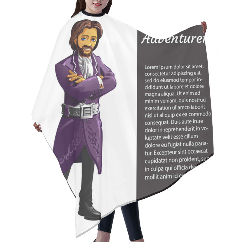 Personality  A Card With A Picture Of Adventurer Isolated On White Background And Sample Text. Vector Cartoon Close-up Illustration. Hair Cutting Cape