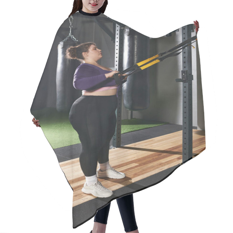 Personality  A Focused Woman Engages In Strength Training Using Equipment In A Vibrant Gym Setting. Hair Cutting Cape