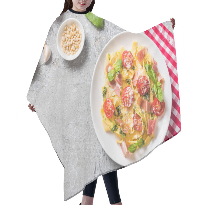 Personality  Top View Of Cooked Pappardelle With Tomatoes, Basil And Prosciutto On Plaid Napkin Near Ingredients On Grey Surface Hair Cutting Cape