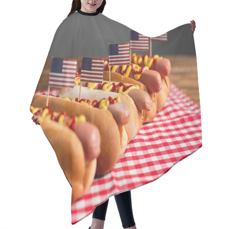 Personality  Tasty Hot Dogs With Sauces And Small American Flags On Checkered Table Napkin Isolated On Grey Hair Cutting Cape