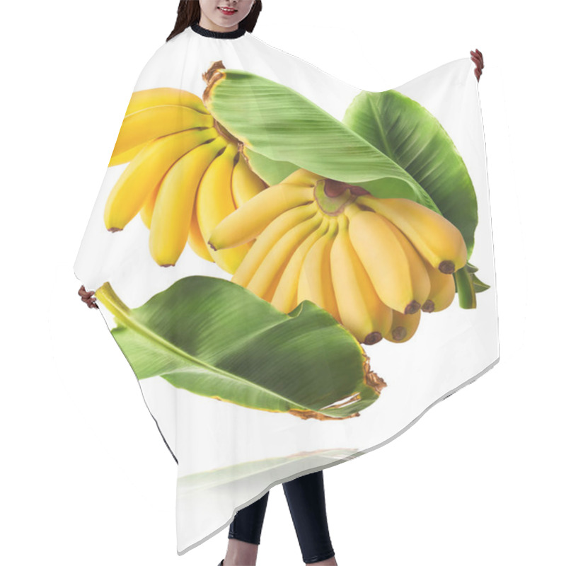 Personality  Fresh Ripe Baby Bananas With Leaves Falling In The Air Isolated On White Background. Food Levitation Concept. High Resolution Image Hair Cutting Cape