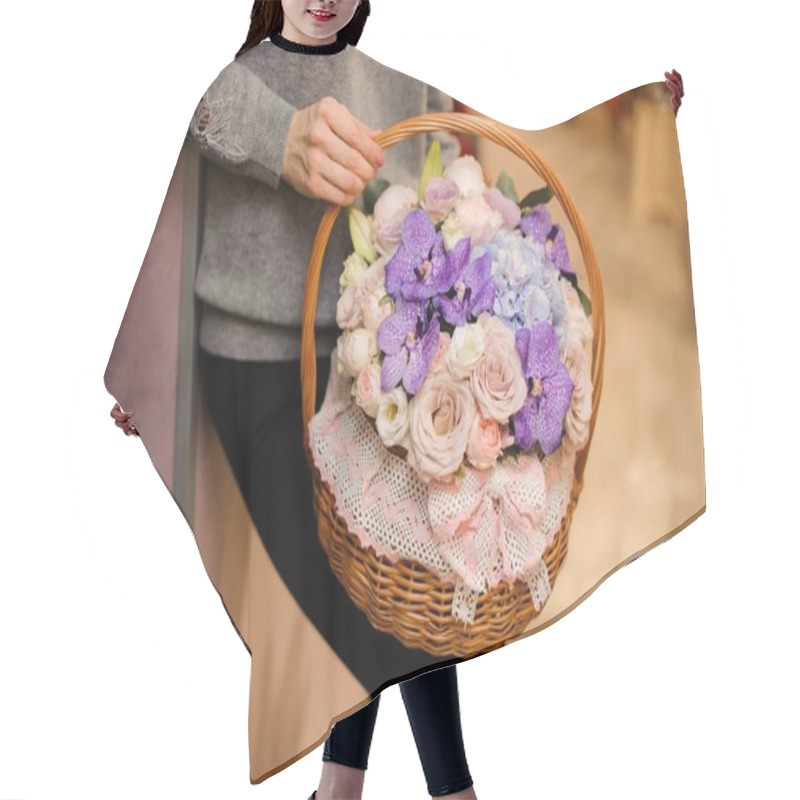 Personality  Girl Holds A Basket With Purple Orchids, Pink Roses And Blue Hydrangea Hair Cutting Cape