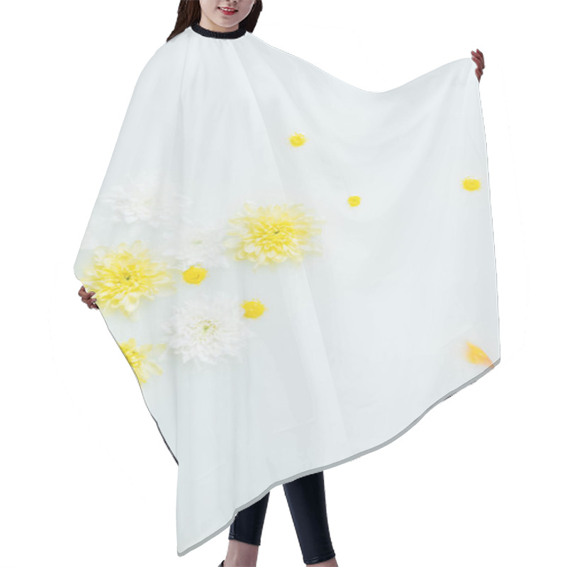 Personality  Top View Of Yellow And White Chrysanthemum Flowers In Milk Backdrop Hair Cutting Cape