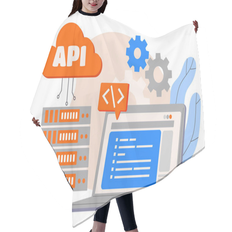 Personality  API Technology Concept. Laptop Near Server. Cloud Service And Technology. Wireless Connection, Exchange Of Files And Data On Internet. Online Storage And Archive. Cartoon Flat Vector Illustration Hair Cutting Cape