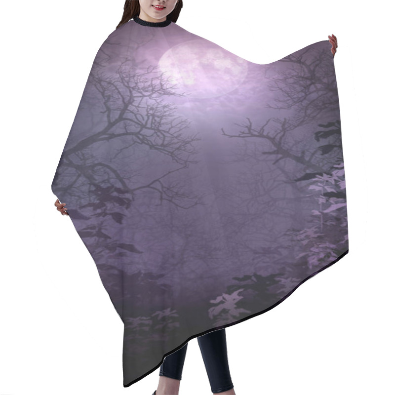 Personality  Fairytale, Purple, Background With Bright Big Moon In Clouds, Night Enigmatic Landscape With Magic Fog, Mystic Dark Nature With Silhouettes, Frightening Dense Forest With Branches Tree And Bushes. Hair Cutting Cape