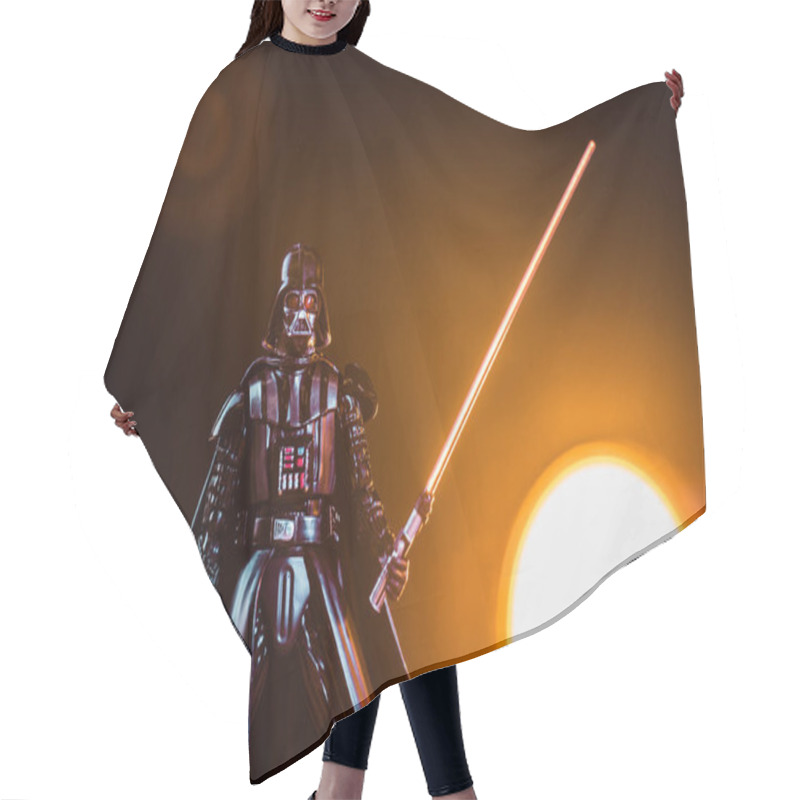 Personality  Darth Vader Figurine With Lightsaber On Black Background With Shining Sun Hair Cutting Cape