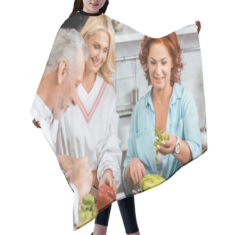 Personality  Smiling Mature Friends Preparing Healthy Detox Salad For Dinner At Home Hair Cutting Cape