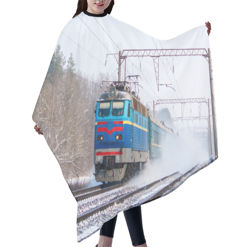 Personality  Passenger Train Rapidly Moving Along The Snow Track Hair Cutting Cape